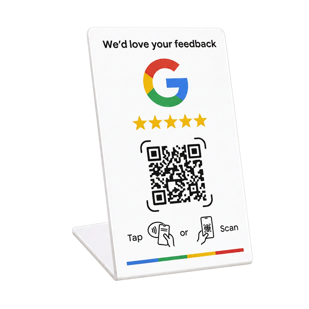 Cartão NFC com QR code para avaliações no Google